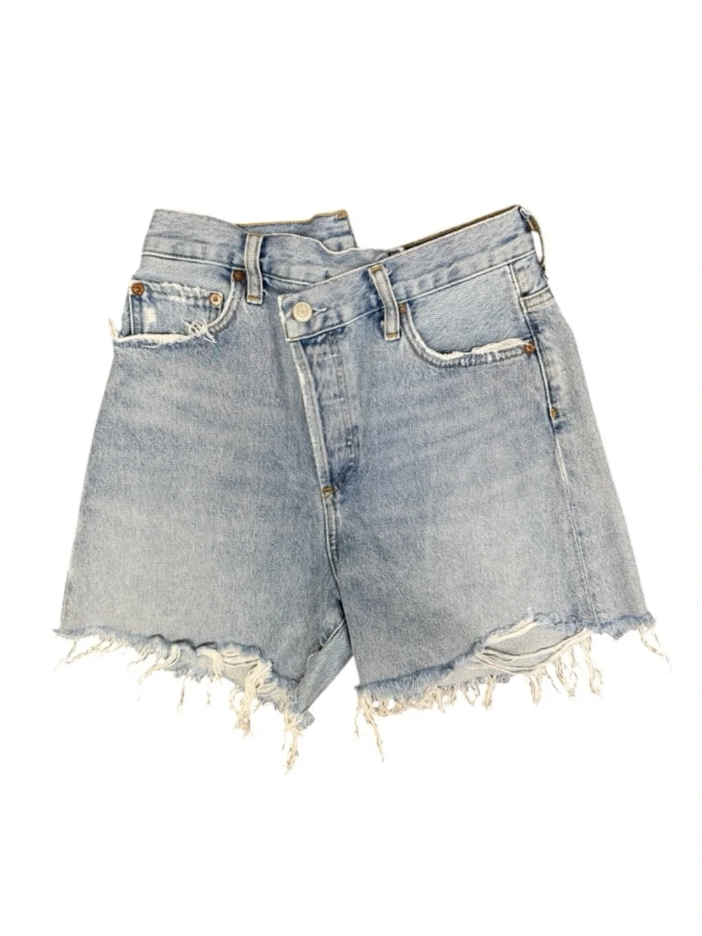 AGOLDE Criss Cross Waistband Denim Jean Cutoff Shorts Jorts Light Wash Blue 24 - Picture 6 of 16